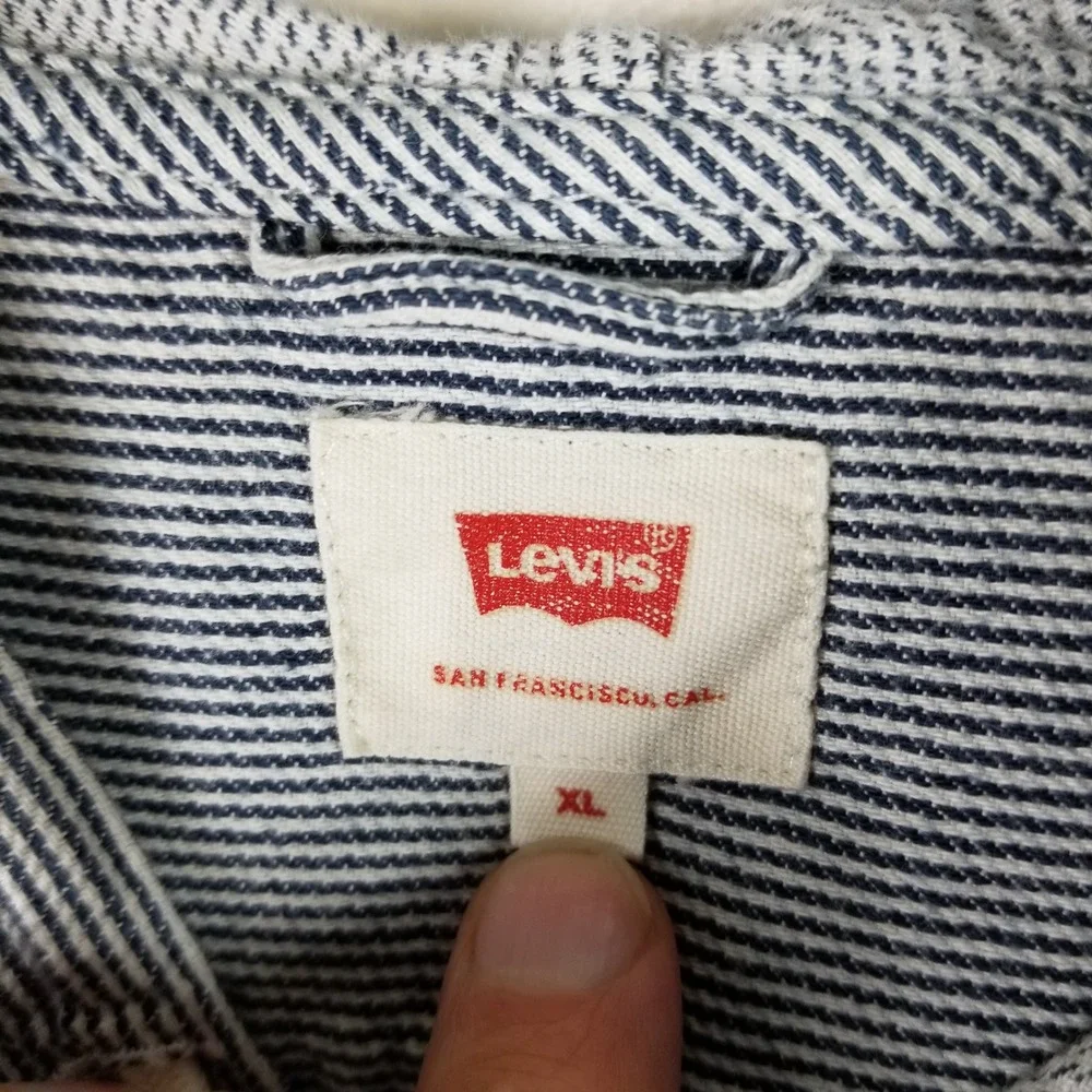 Levi's Hooded Button Down Mens XL Blue White Hickory Stripe Workwear Utility